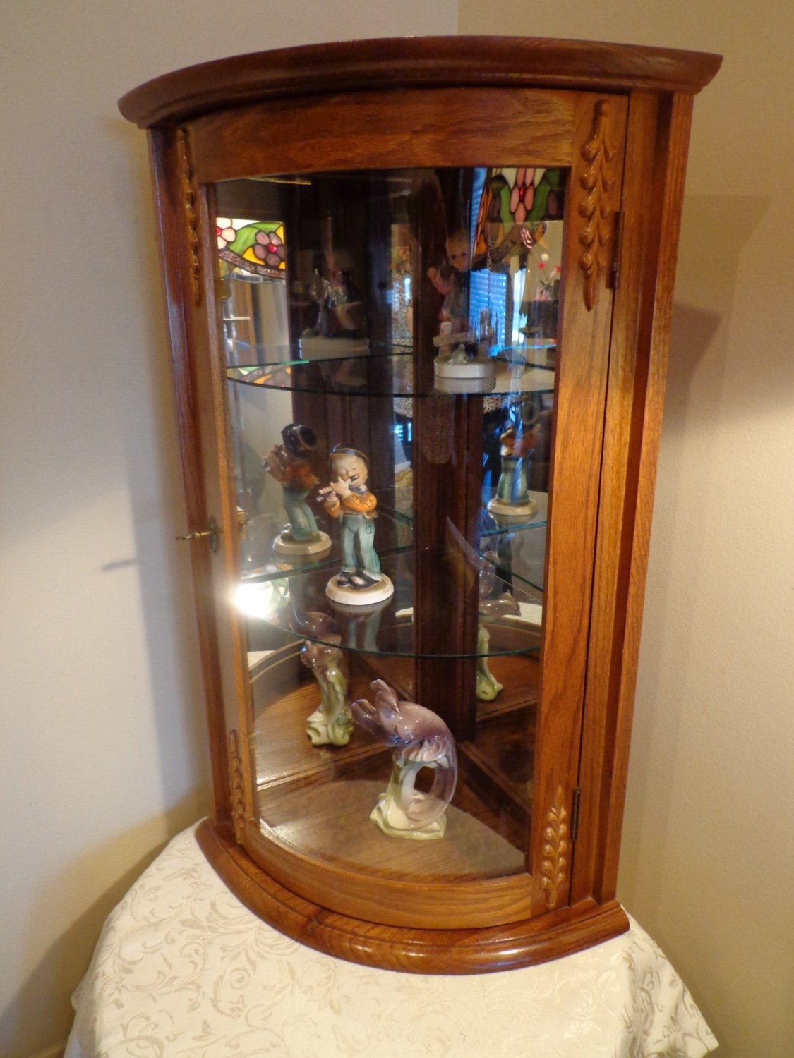 Bowed glass corner curio cabinet curved glass collectible