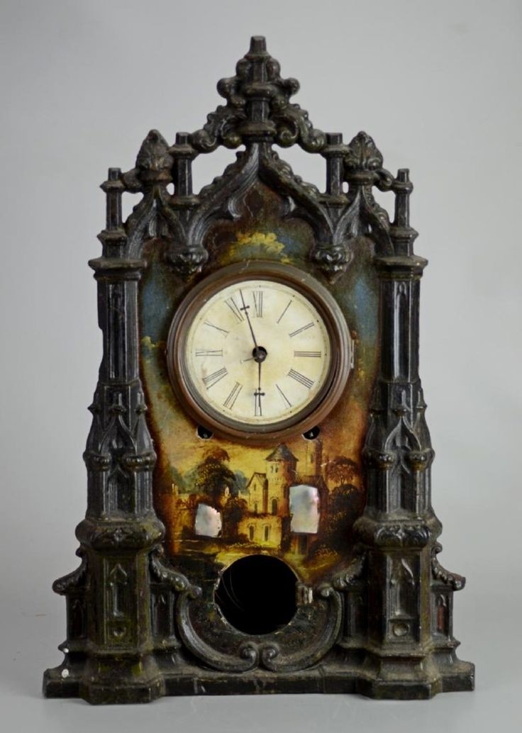 Cast iron victorian shelf clock mop inlay hp castle