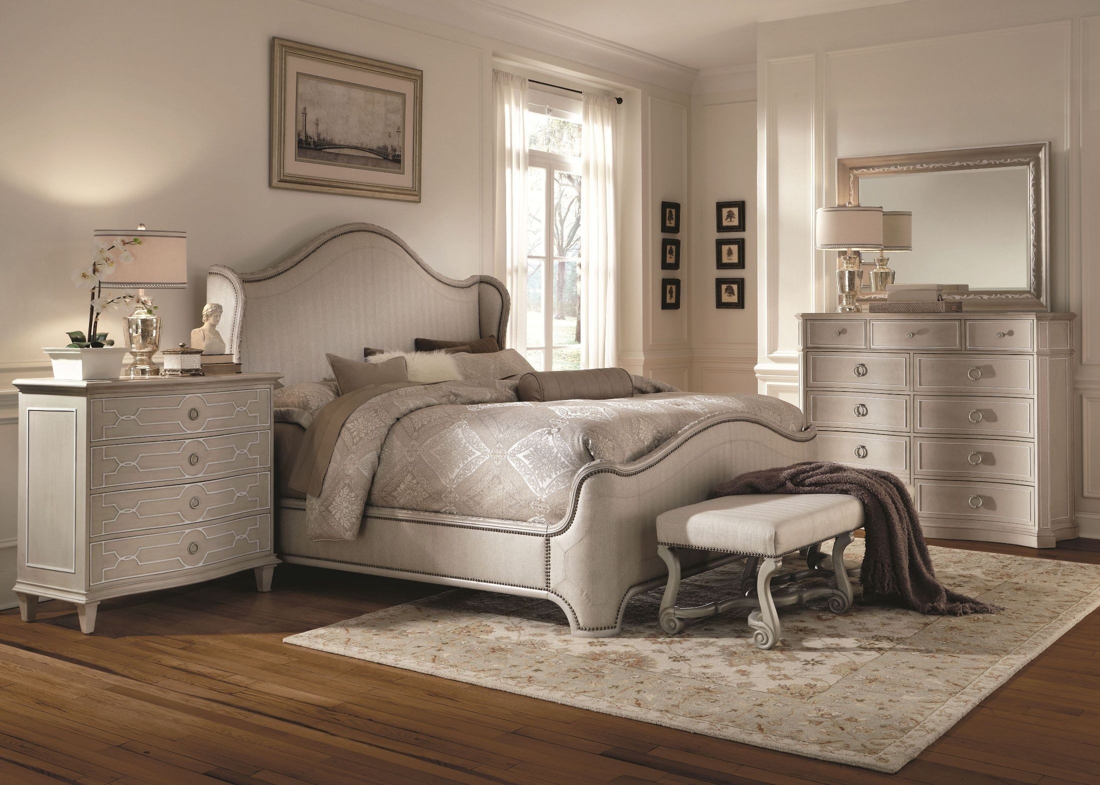 Chateaux grey upholstered shelter bedroom set from art