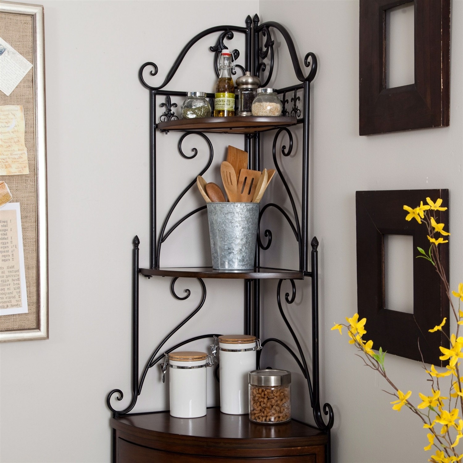 Corner bakers rack with wrought iron frame and wood 1