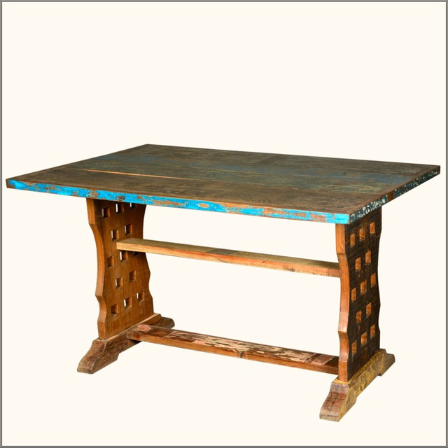 Distressed reclaimed wood rustic trestle kitchen dining