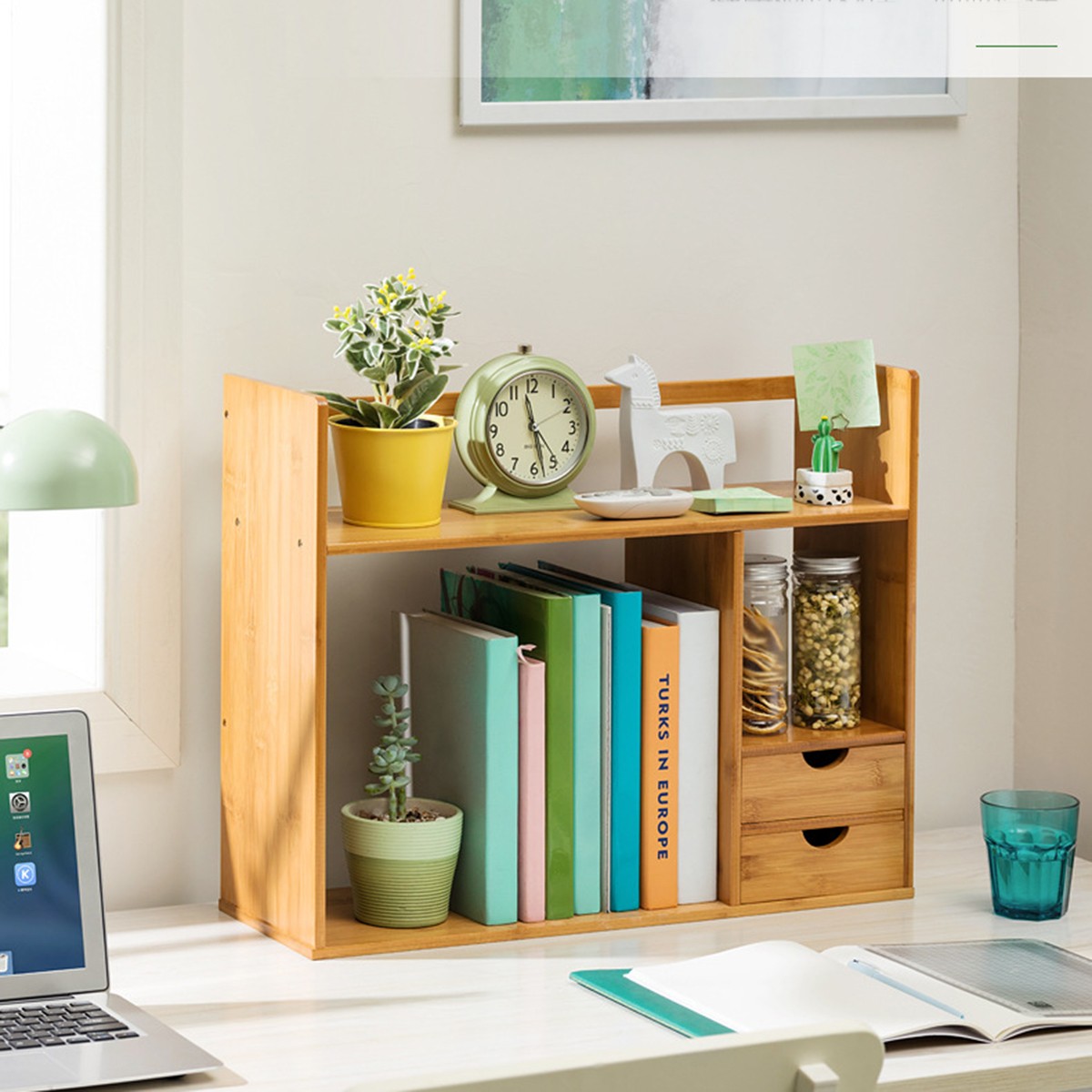 Diy bookshelf desktop organizer adjustable bamboo rack