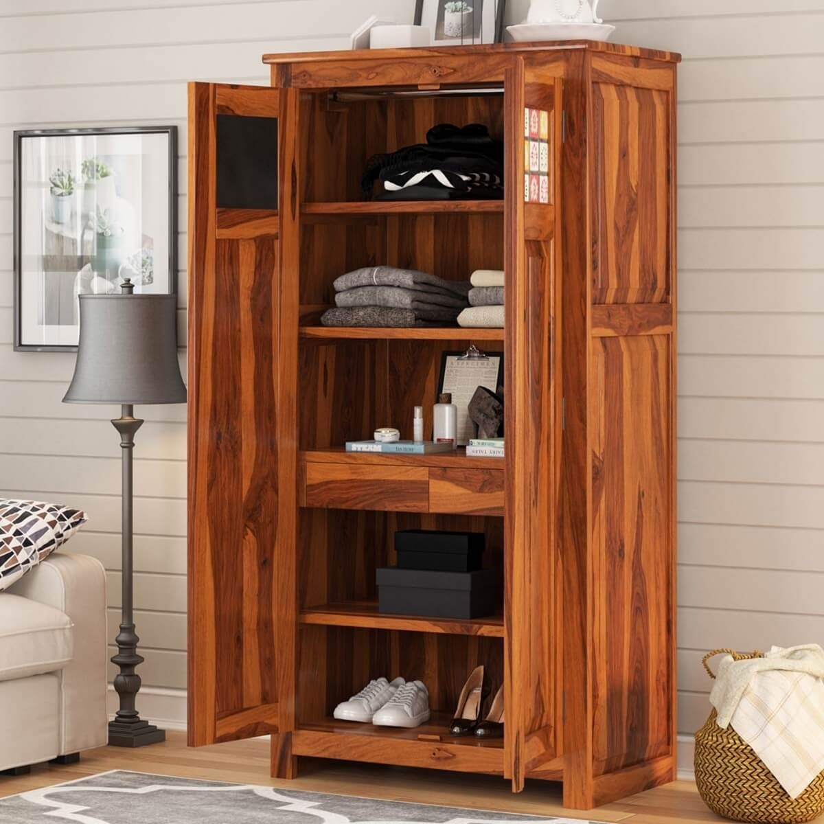 Elba rustic solid wood wardrobe armoire with shelves and 1