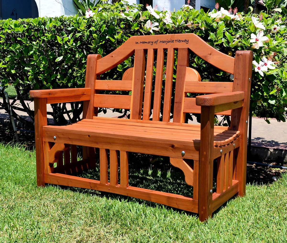 Engraved outdoor wood bench forever redwood