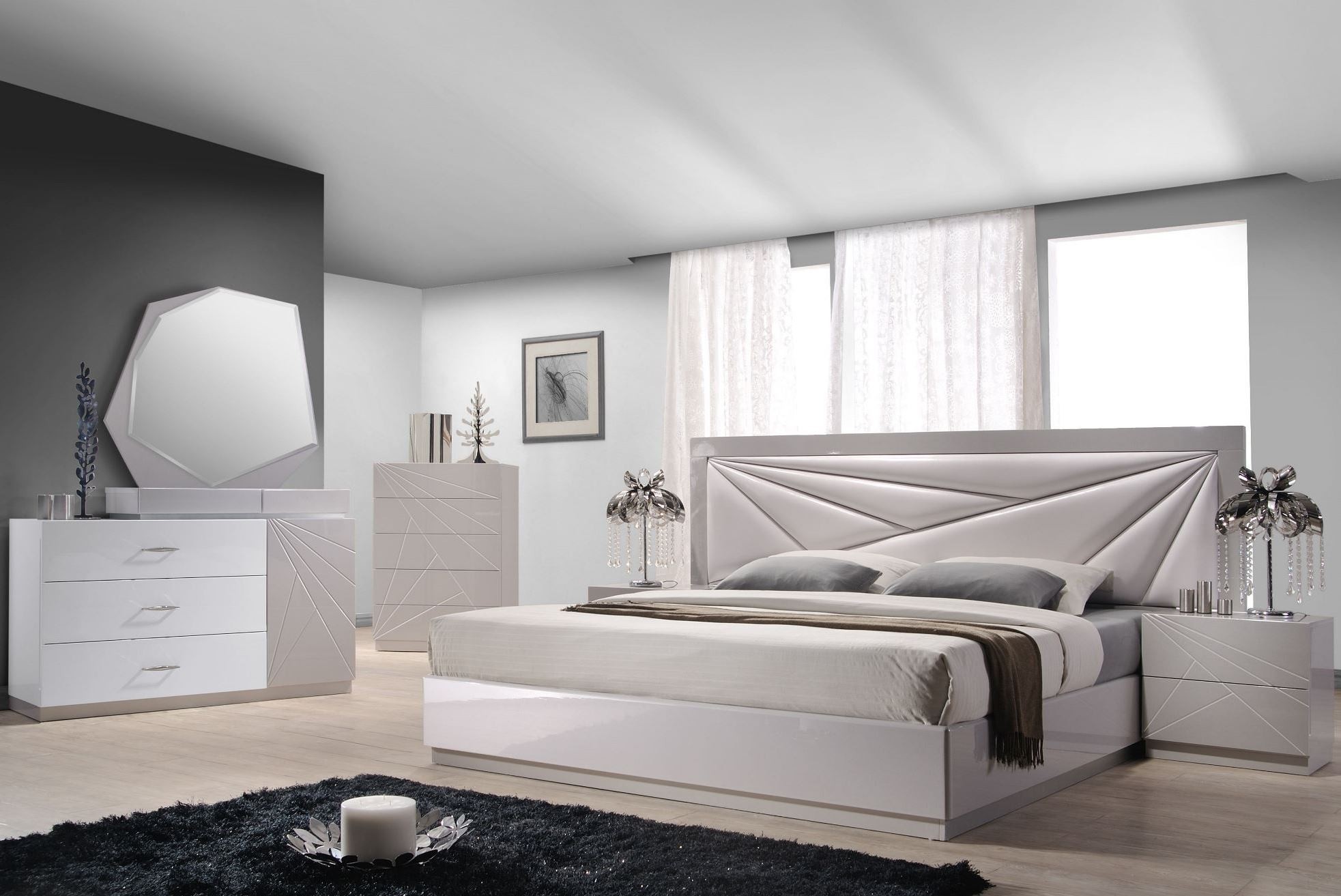 Florence white light grey lacquer platform bedroom set