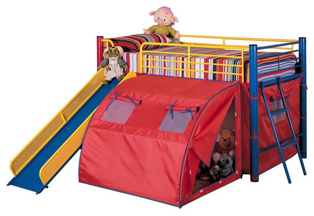 Fun play lofted twin bunk bed with slide and tent