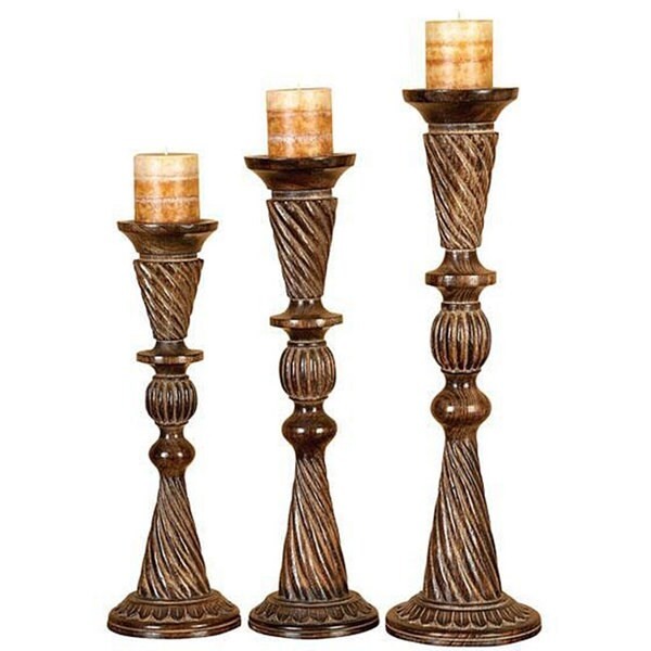 Handcrafted carved wood pillar candle holders set of 3