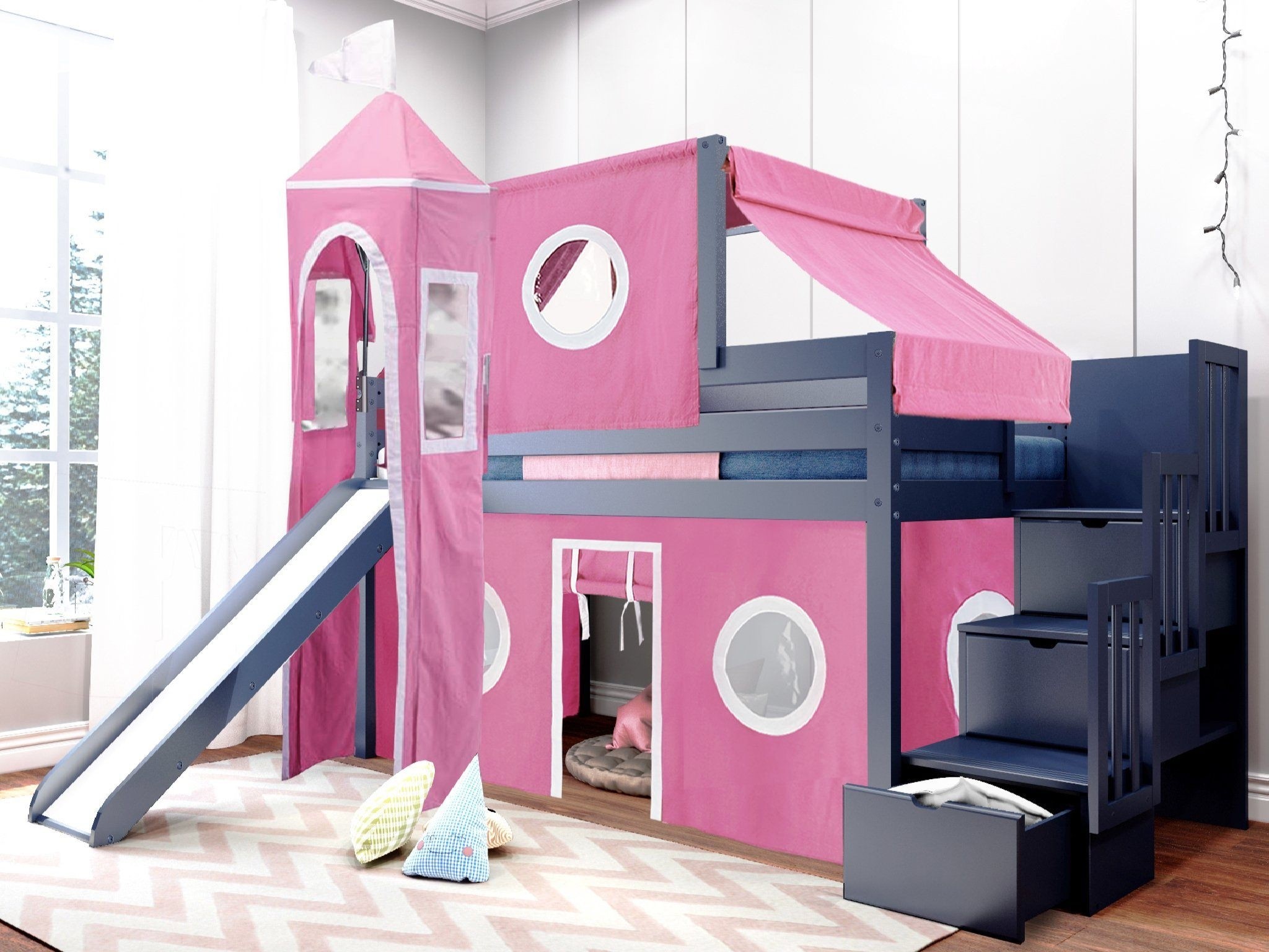 Jackpot princess low loft stairway bed with slide pink 1