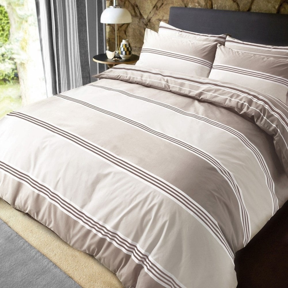 Luxury banded stripe natural duvet set reversible quilt
