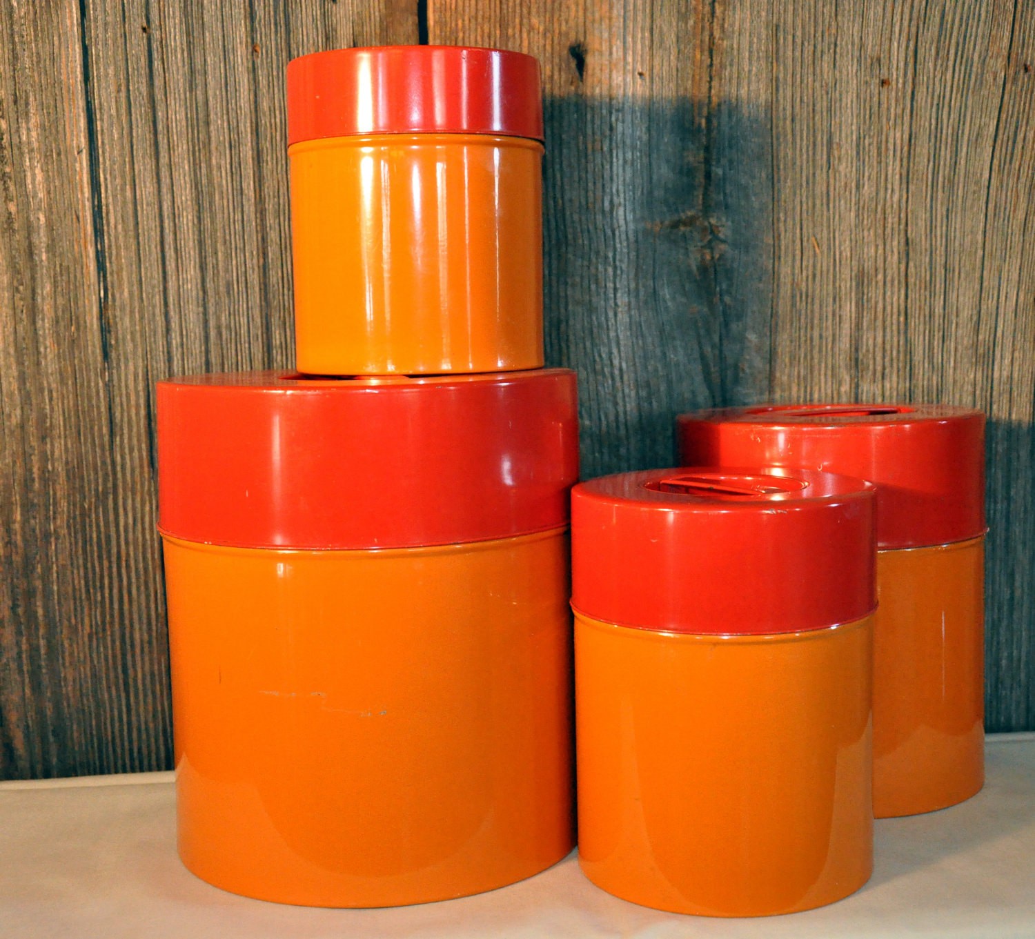 Mid century modern orange kitchen canisters