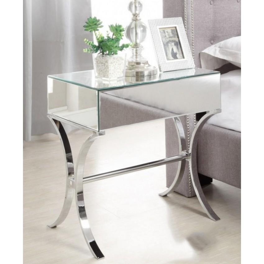 Mirrored bedside table with chrome stand single drawer