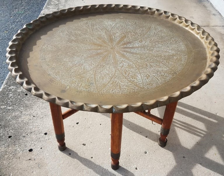 Moroccan copper coffee table round with wooden folding 2