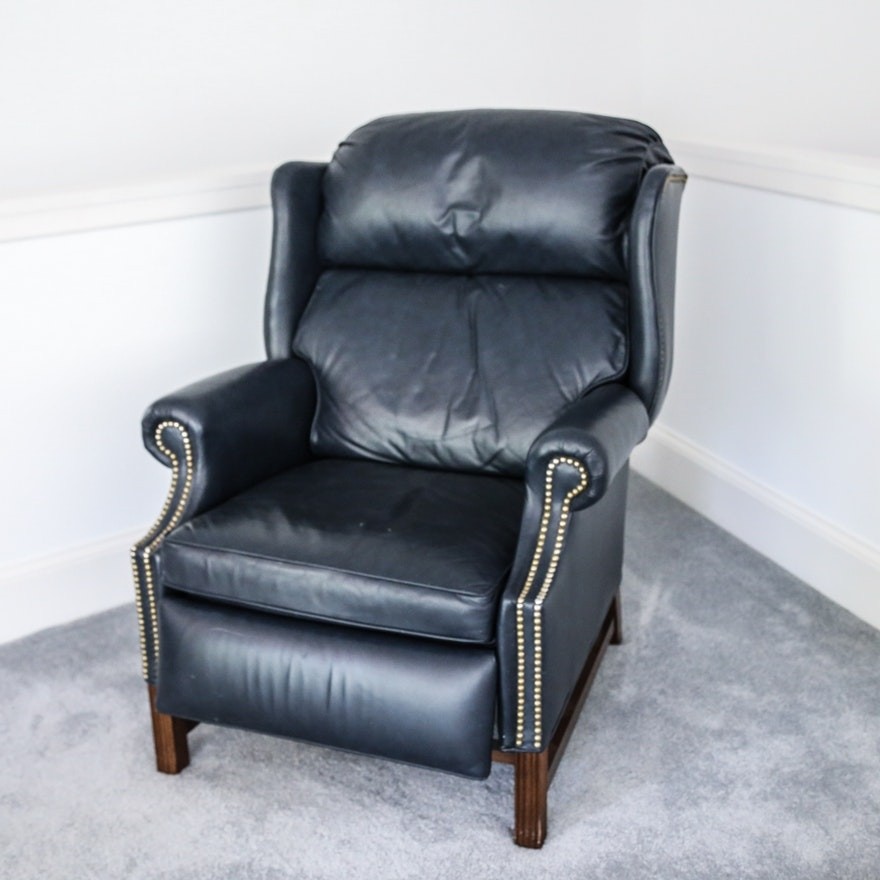Navy leather wingback recliner with nailhead trim ebth