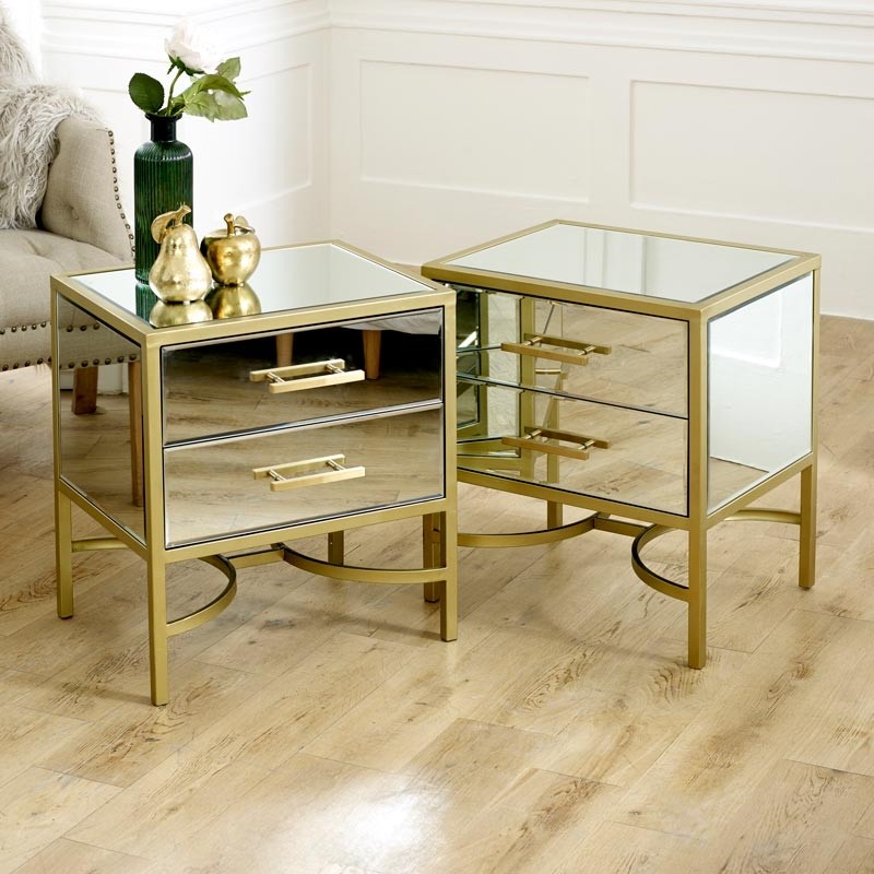Pair gold mirrored bedside table occasional tables bedroom