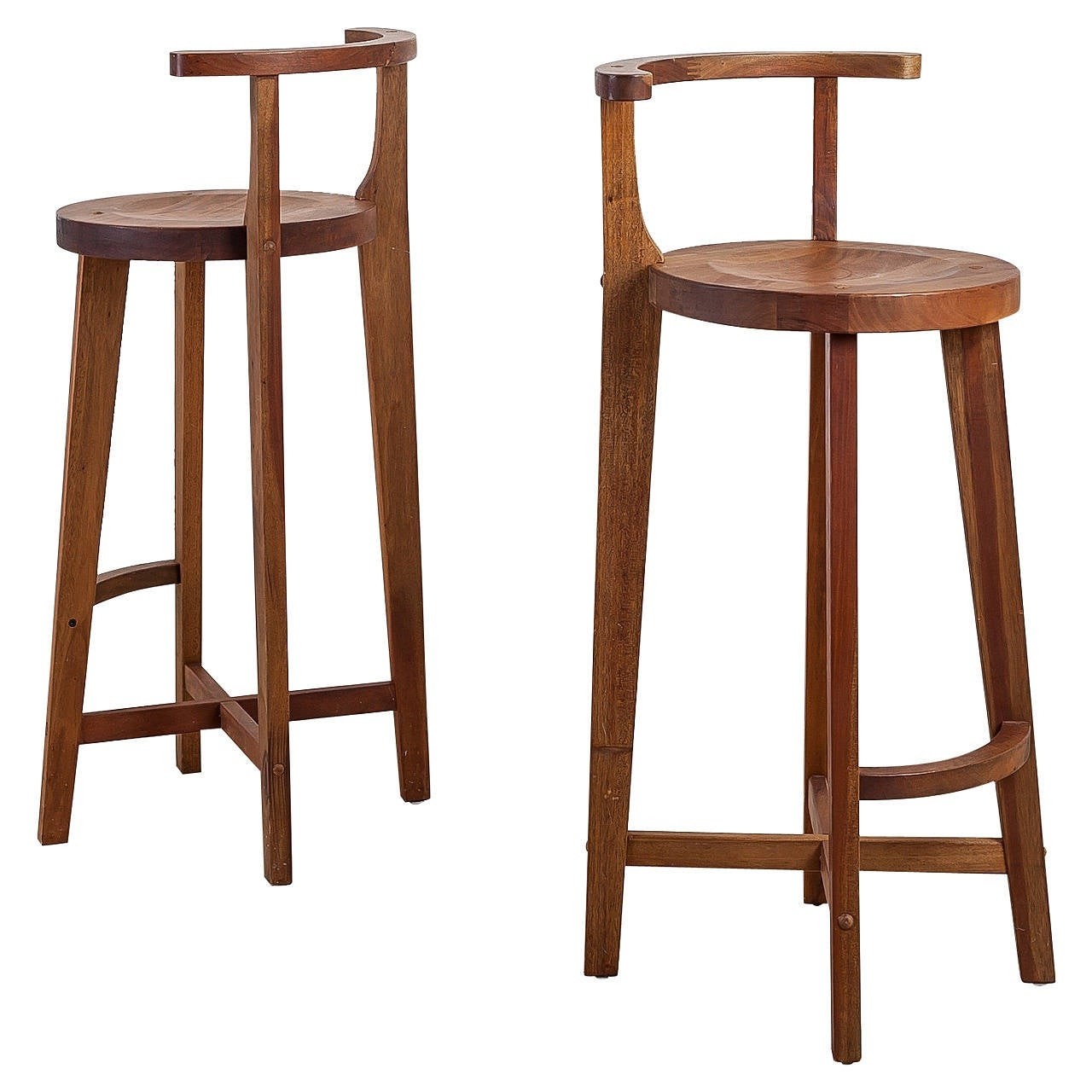 Pair studio crafted wooden bar stools with rounded back