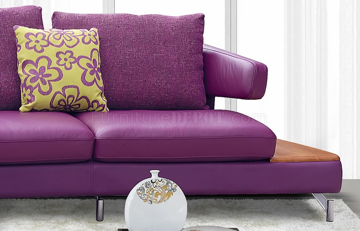 Purple genuine italian leather modern sectional sofa w shelves