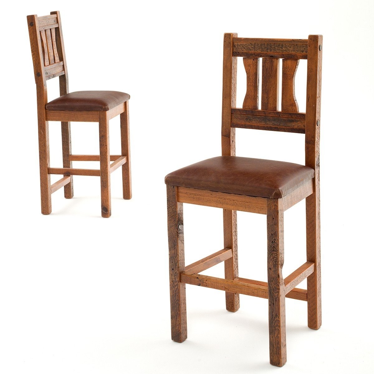 Reclaimed barn wood rustic leather seat bar stool 1