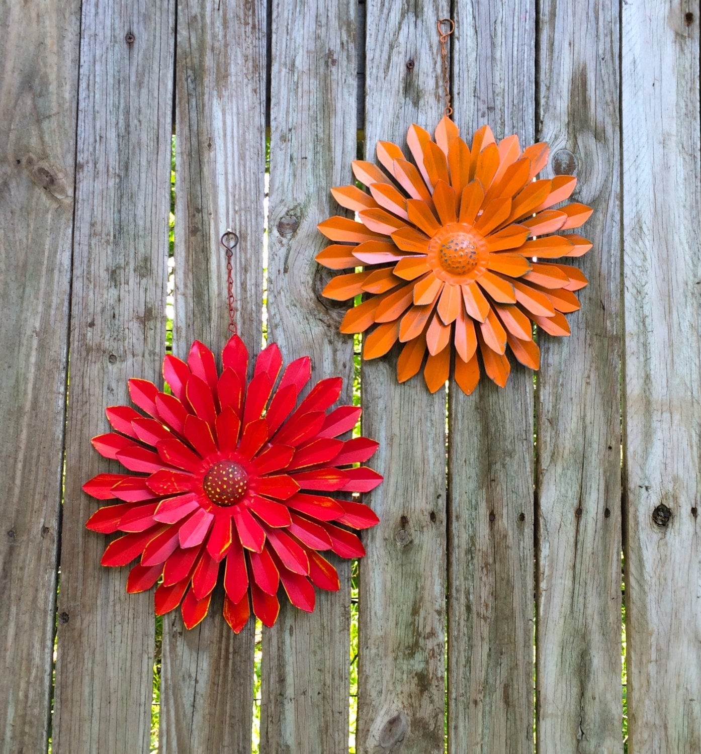 Red orange tin wall flowers set of 2 12 metal