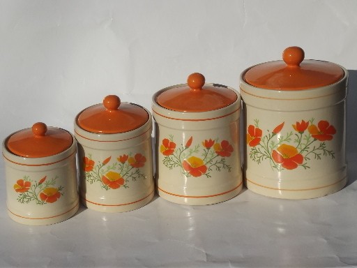 Retro orange poppies kitchen canisters set and breadboard 1