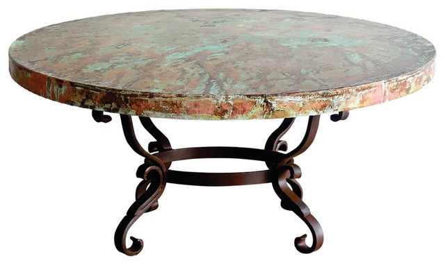 Round iron oxidized hand hammered copper top coffee table