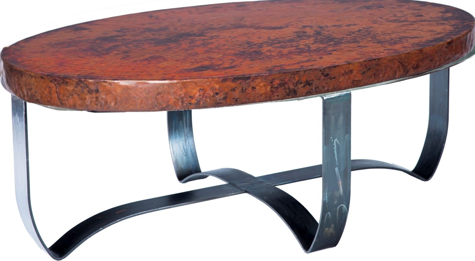 Round strap coffee table with natural hammered copper top