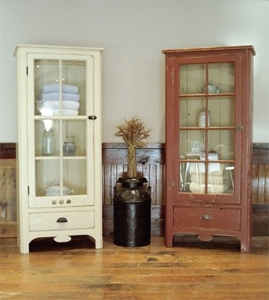 Rustic white glass front corner cabinet furniture