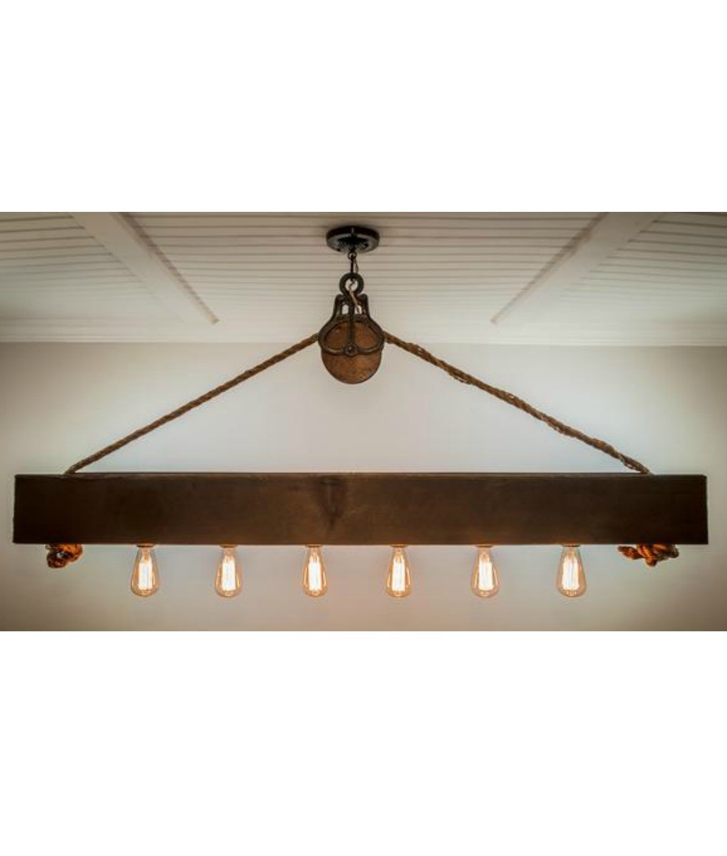 Rustic wood beam chandelier with edison bulbs rope and pulley