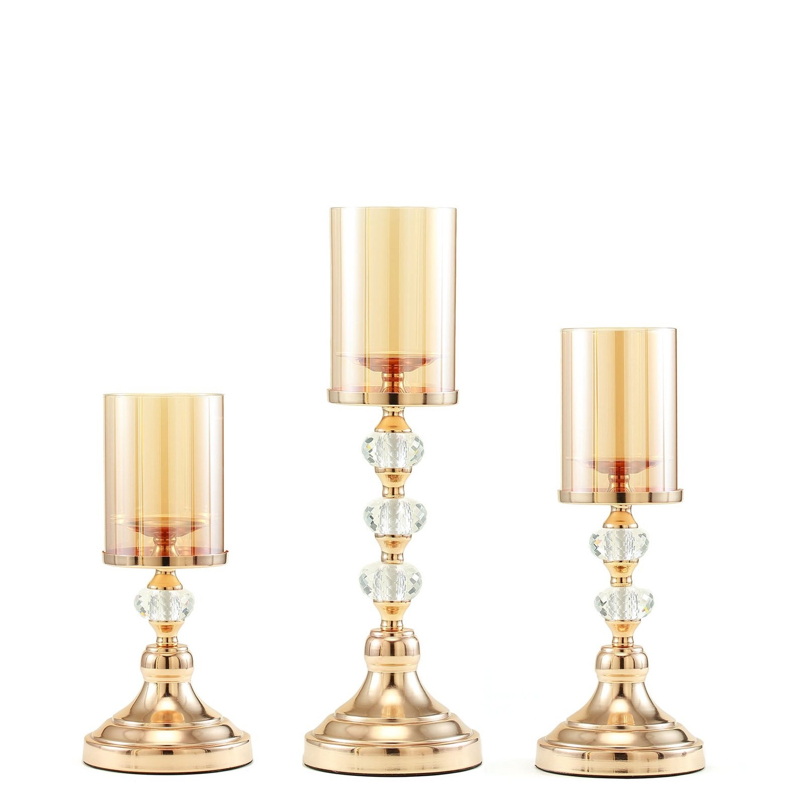 Set of 3 gold metal pillar candle holder set with