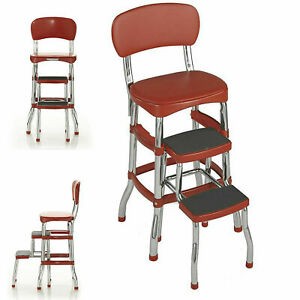 Step stool chair red retro counter padded vintage style