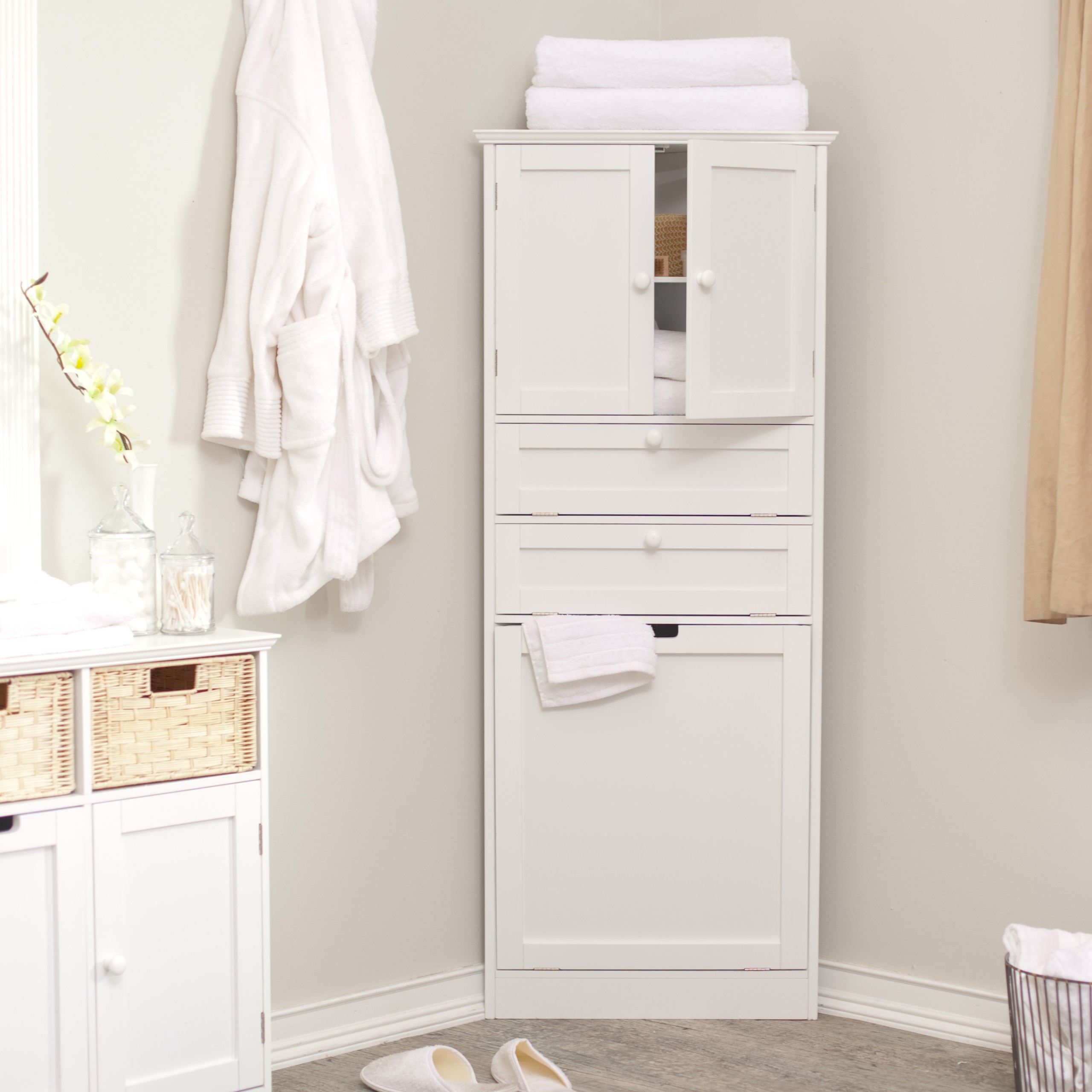 Taylor corner linen tower with hamper white at hayneedle