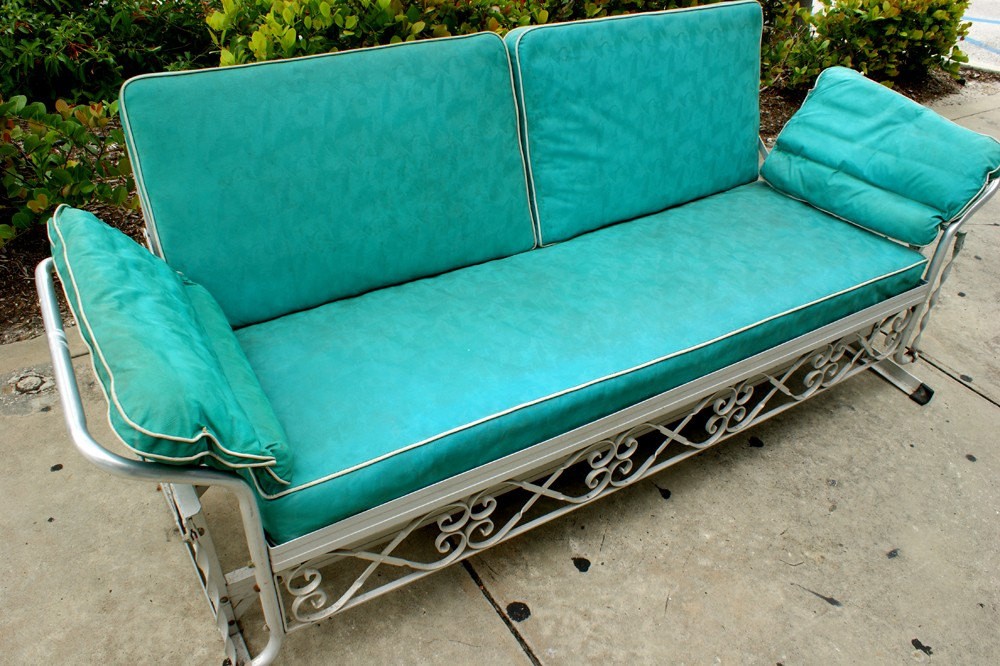 Vintage 1950s aqua vinyl aluminum patio glider sofa