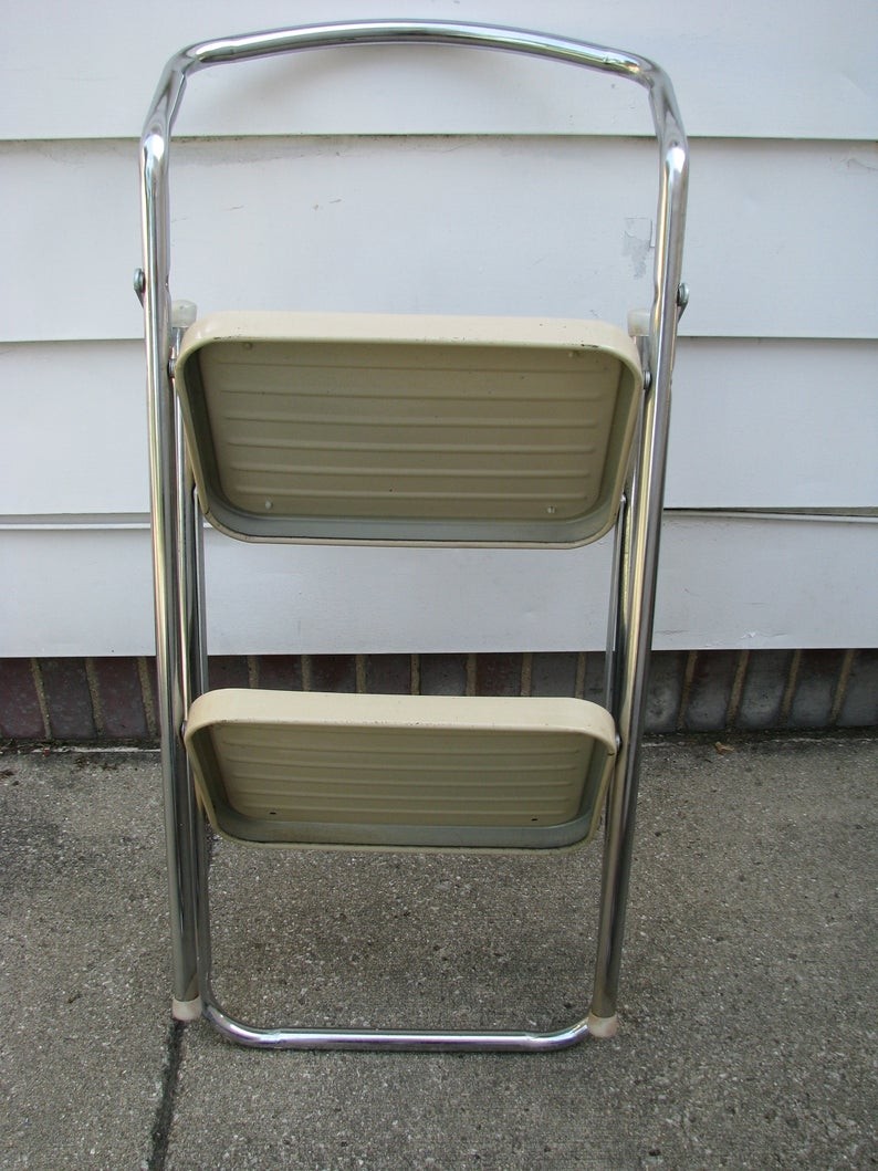 Vintage chrome ivory vinyl padded fold up seat step stool