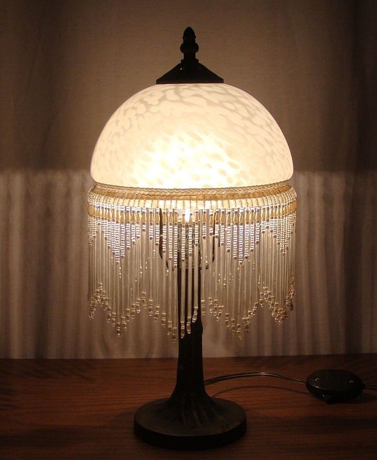 Vintage frosted etched glass fringe dome beaded shade 1