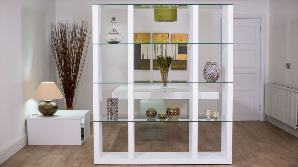 White oak shelving unit glass shelves room divider uk