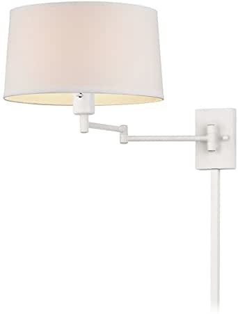White swing arm wall lamp with drum shade and cord
