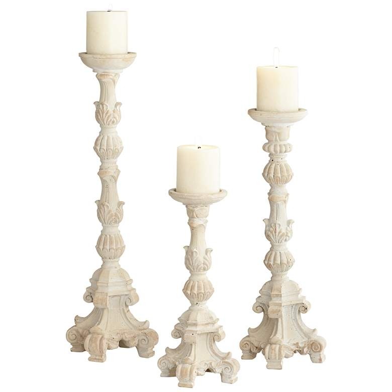 Whitewashed carved pillar candle holders set of 3 76y80