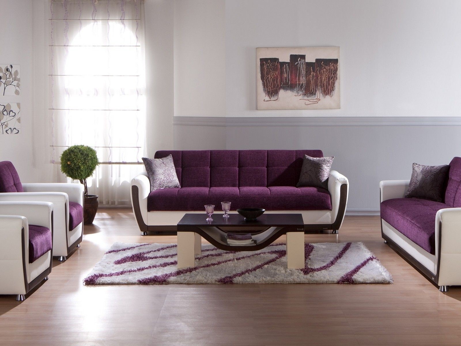 Wonderful purple and white modern living room sets with