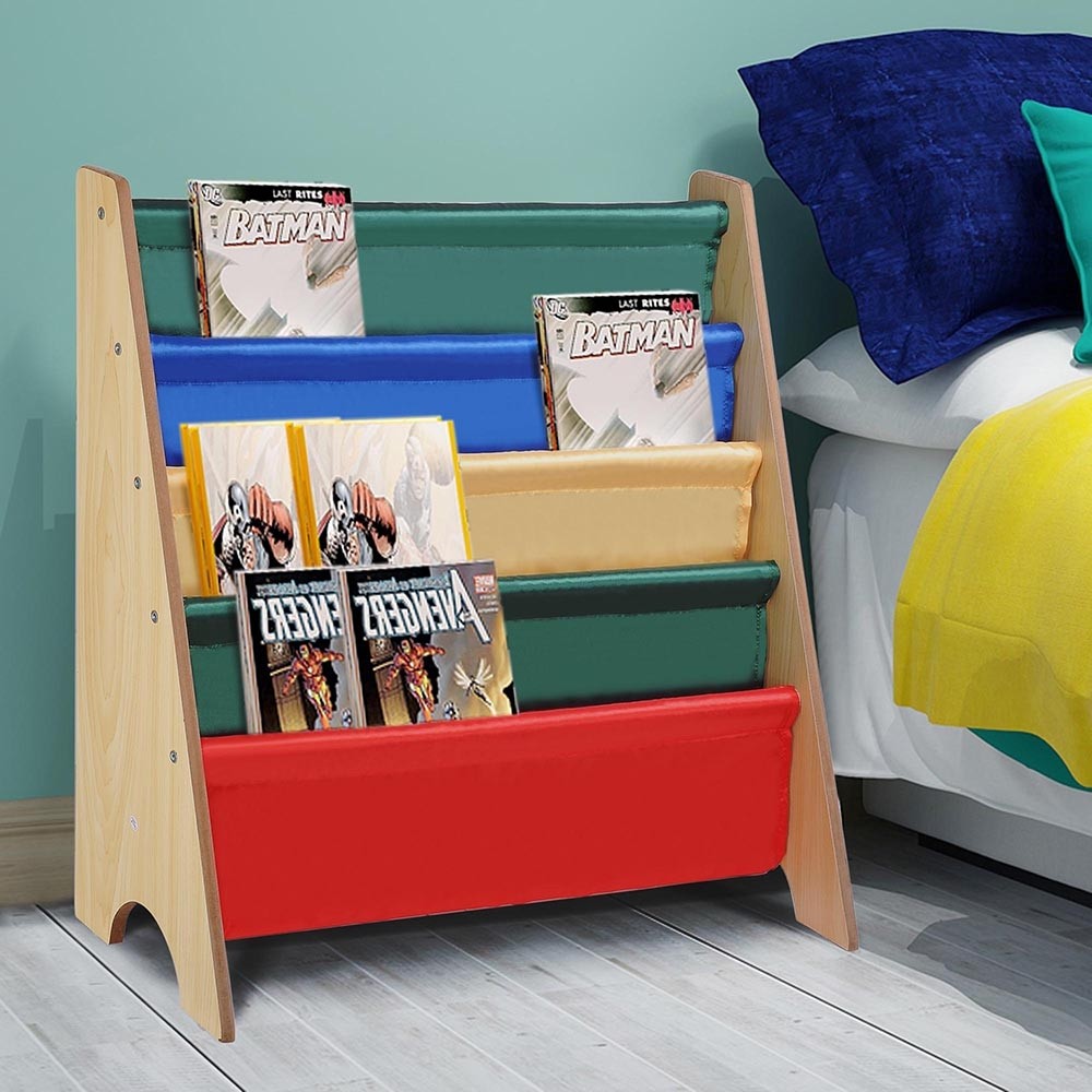 Wood kids book shelf sling storage rack organizer bookcase