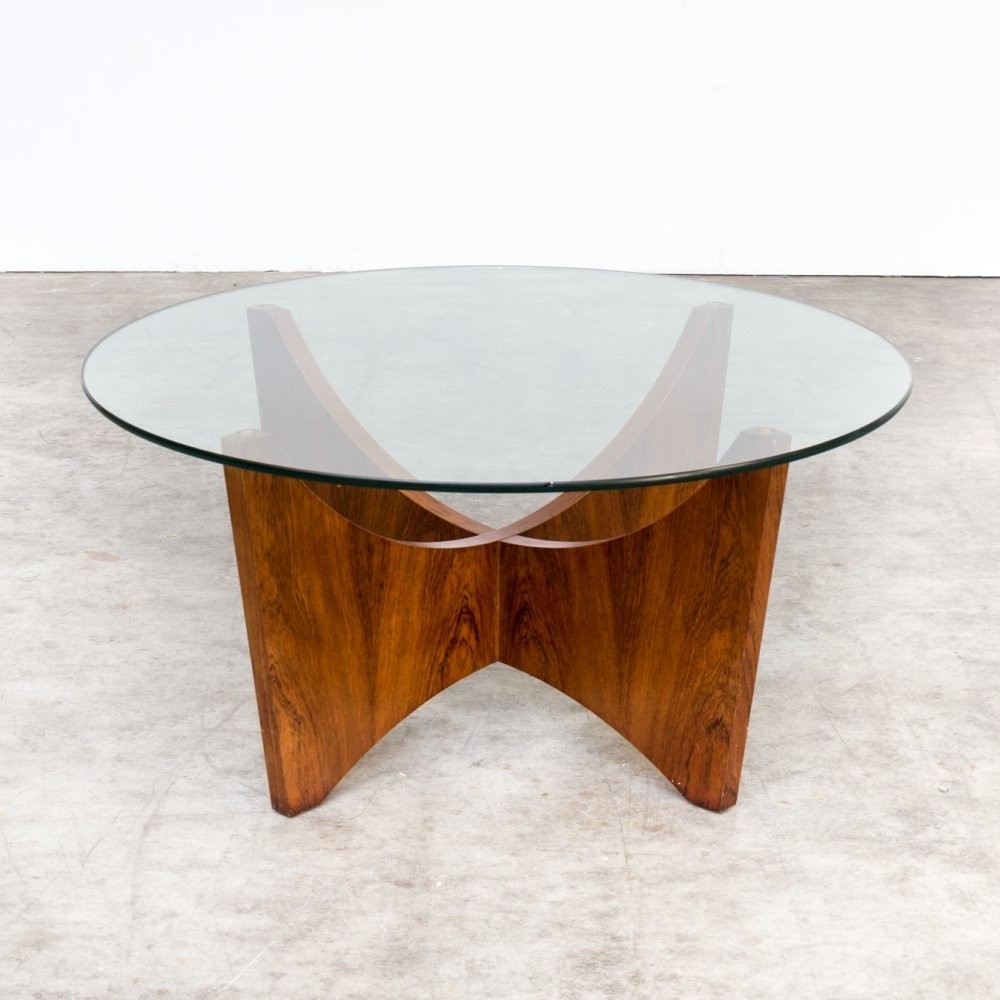 70s round wood framed coffee table with glass table top