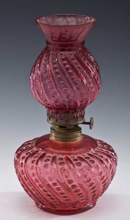 Antique cranberry glass miniature oil lamp