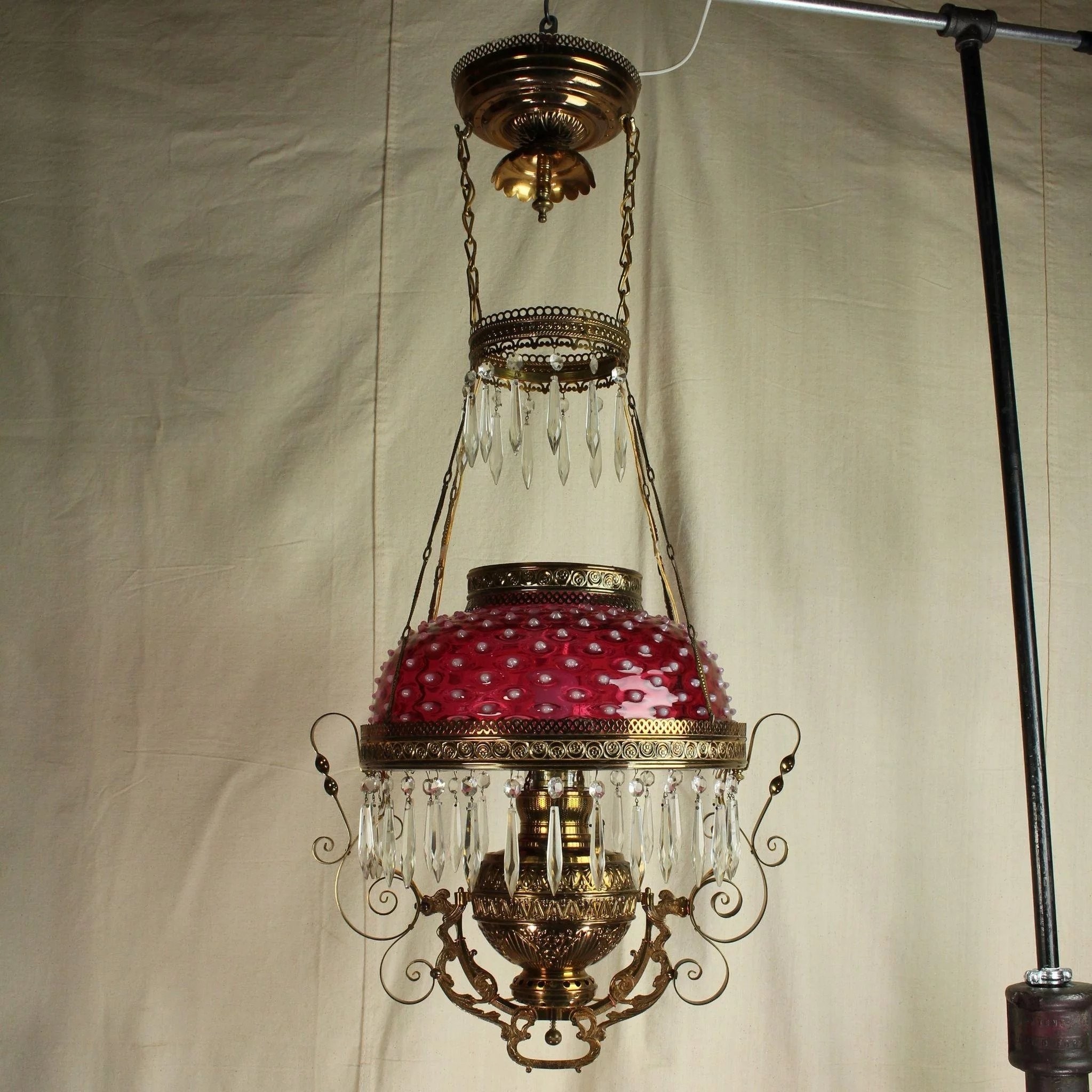 Antique victorian hanging oil lamp cranberry glass hobnail 2