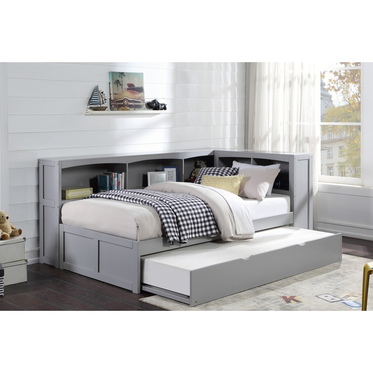 B2063bc 1bcr twin bookcase corner bed with twin trundle