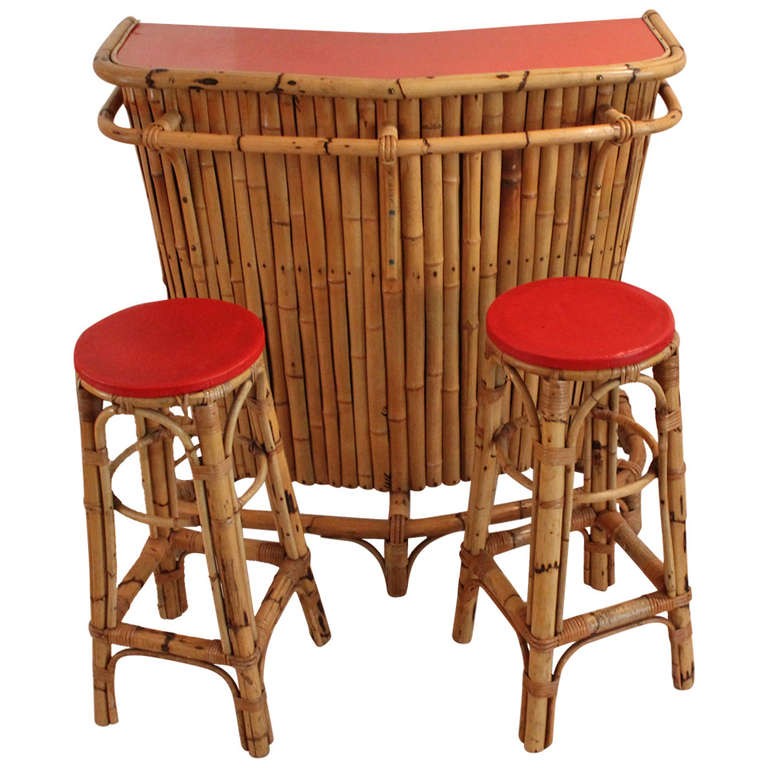 Bamboo cocktail bar and stools by rohe holland 1950s at
