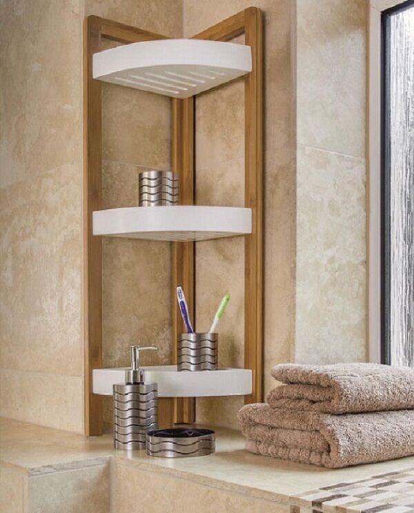 Bamboo wood corner 3 tier bath shower caddy tidy organizer