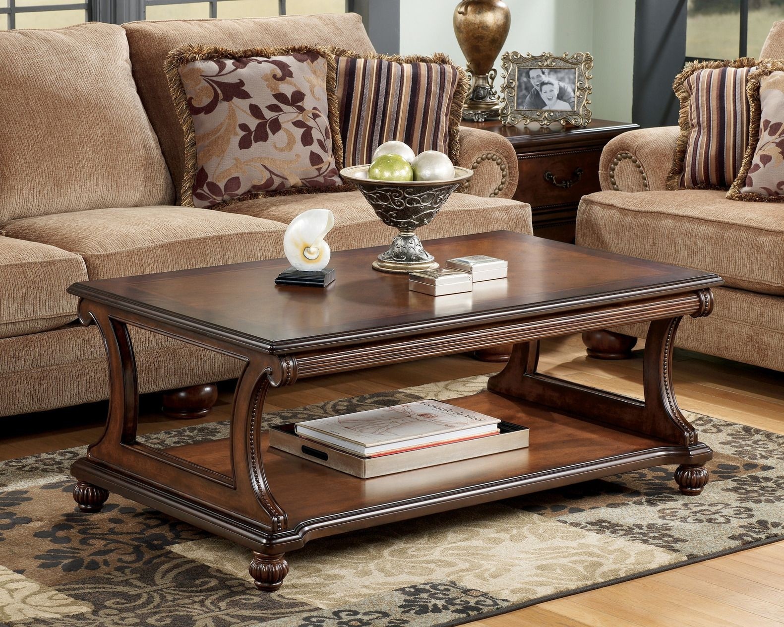 Brown traditional rectangular cocktail coffee table wood
