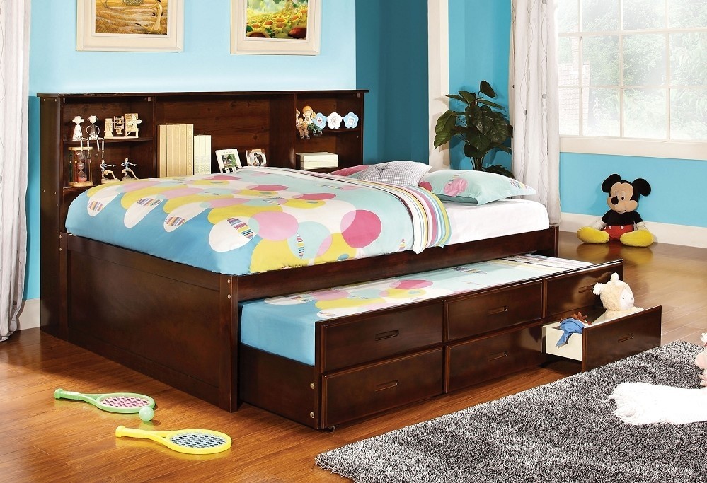 Cherry finish captain full size bed w trundle 3 drawers