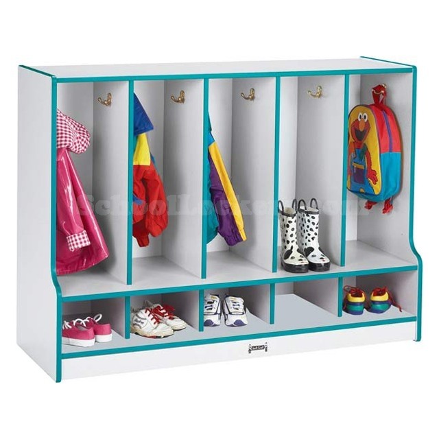 Colorful toddler coat locker with cubbies and steps