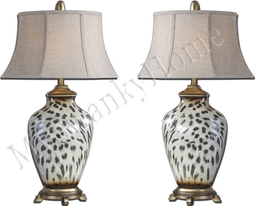 Contemporary animal print table lamp pair set leopard