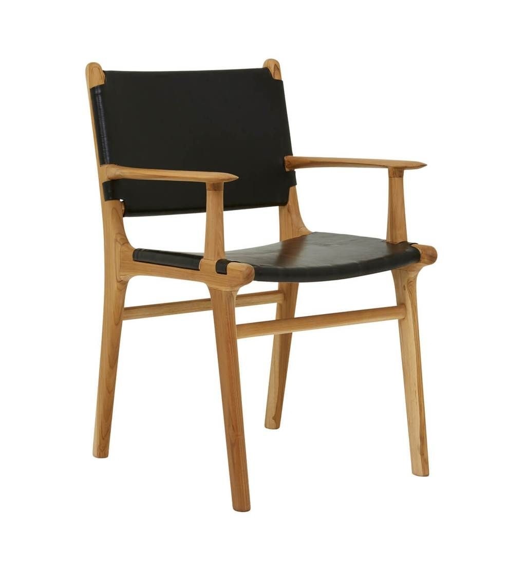 Flat leather dining chair with arms in teak black