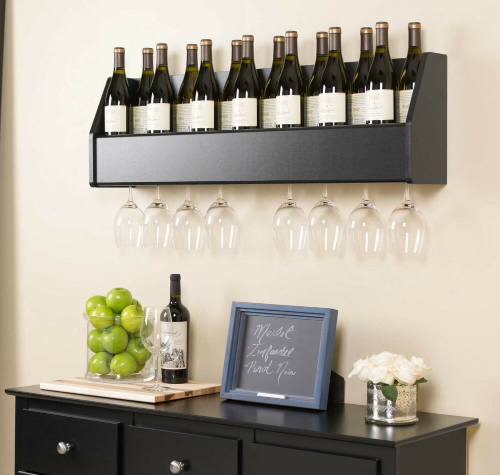 Floating wall mount wine rack w wine glass storage holder